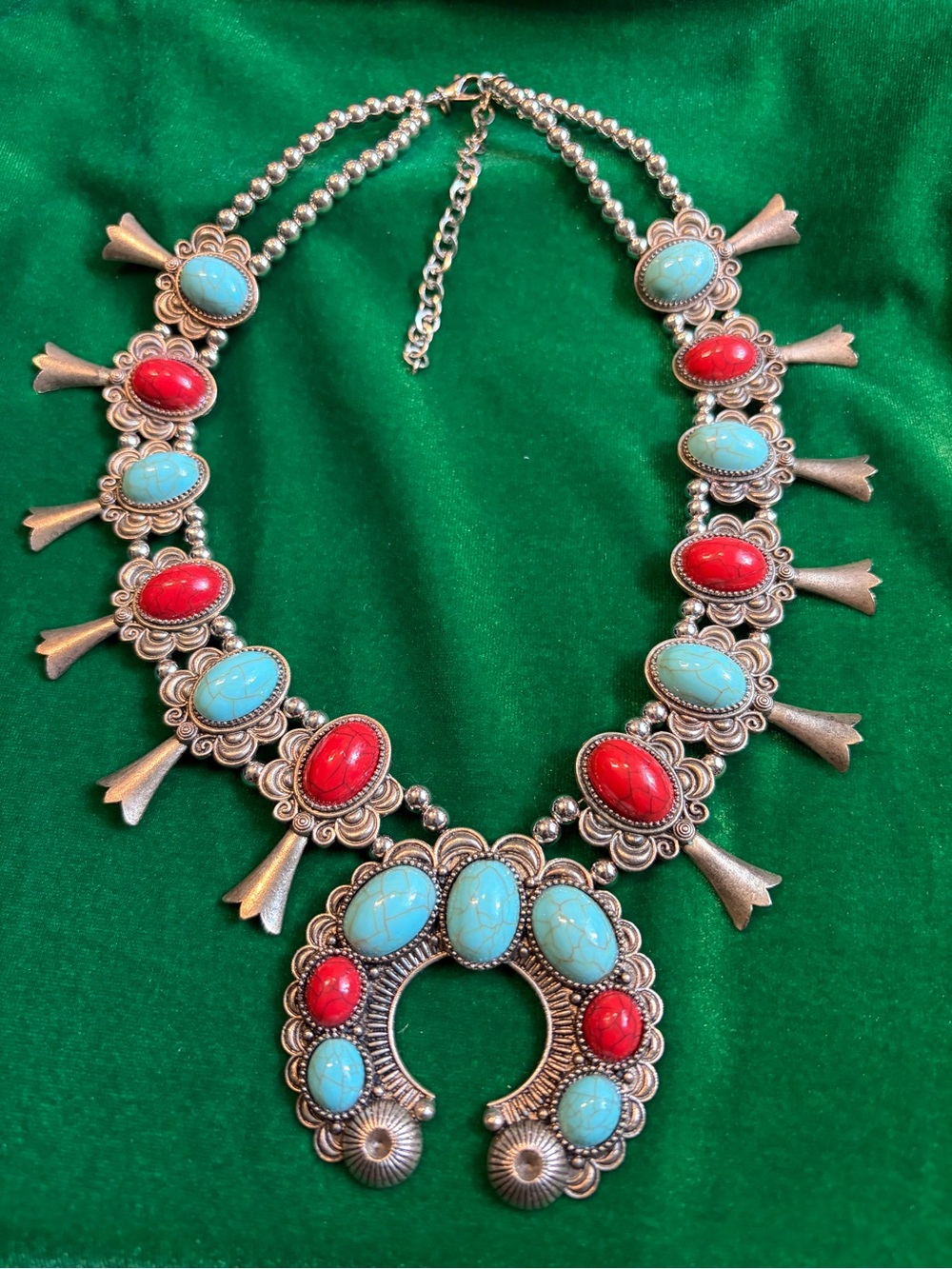Squash Blossom Necklace Faux Turquoise Coral Silver Tone Chunky Southwestern